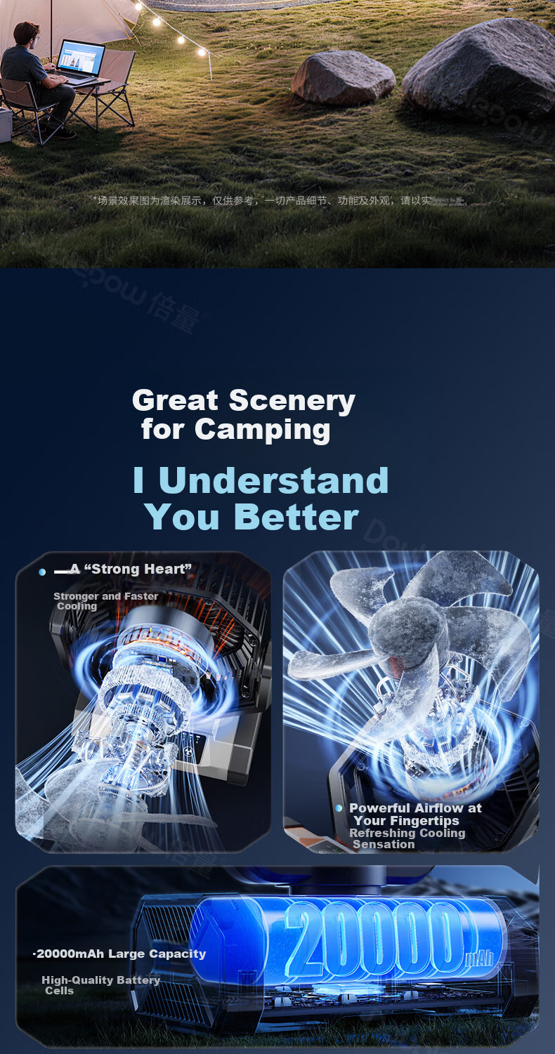 Doublepow Rechargeable Fan 40000mAh Large Capacity Long Battery Life Outdoor Camping Oscillating Mini Fan - 8808B Gray 4