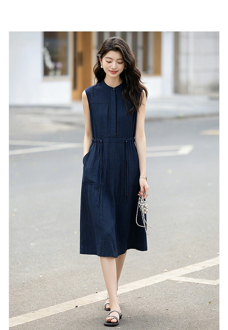 Demana [Accompanied by Elegance] Summer Simple Style Half-Placket Round Neck Drawstring Loose Mid-Length Dress for Women 3
