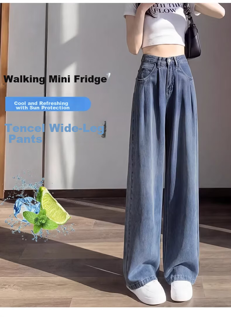 Langsha Straight-Leg Jeans for Women Summer Thin 2026 New Tencel Wide-Leg Pants High-Waist Cropped Curved Pants for Petite 4