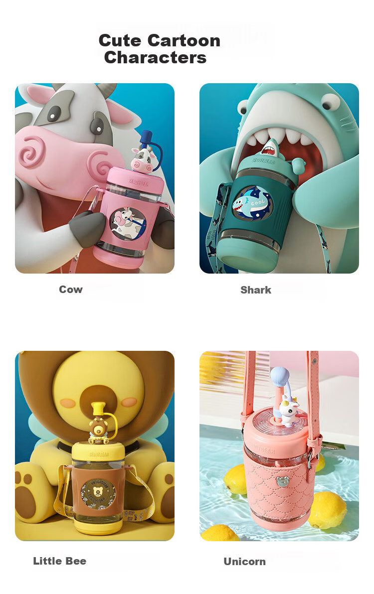 BEDDYBEAR Kids Water Bottle Summer Plastic Cup High Temperature Resistant Kindergarten Straw Cup Cold Brew Straw Cup 550ML Cow Pattern 9