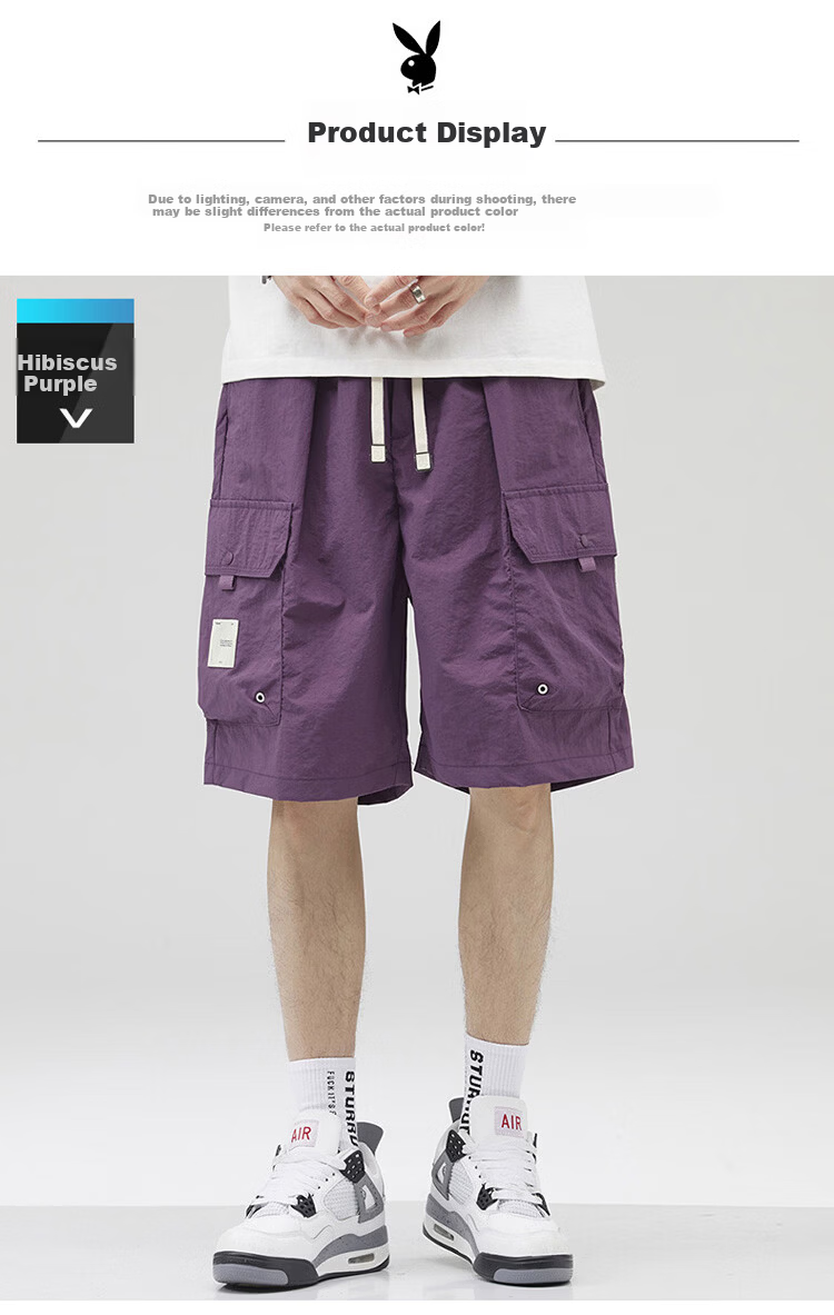 PLAYBOY Men's Summer Ice Silk Thin Cargo Shorts Loose Casual Knee-Length Pants 6