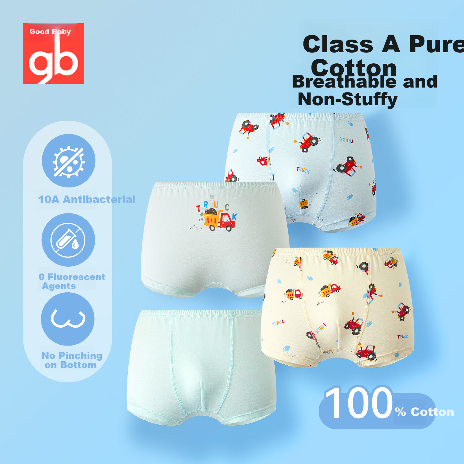 Gb Children's Underwear for Boys Aged 6-12, Jing Self-Operated Summer Breathable Elementary School Student Underwear, 10A Antibacterial Pure Cotton Baby Underwear