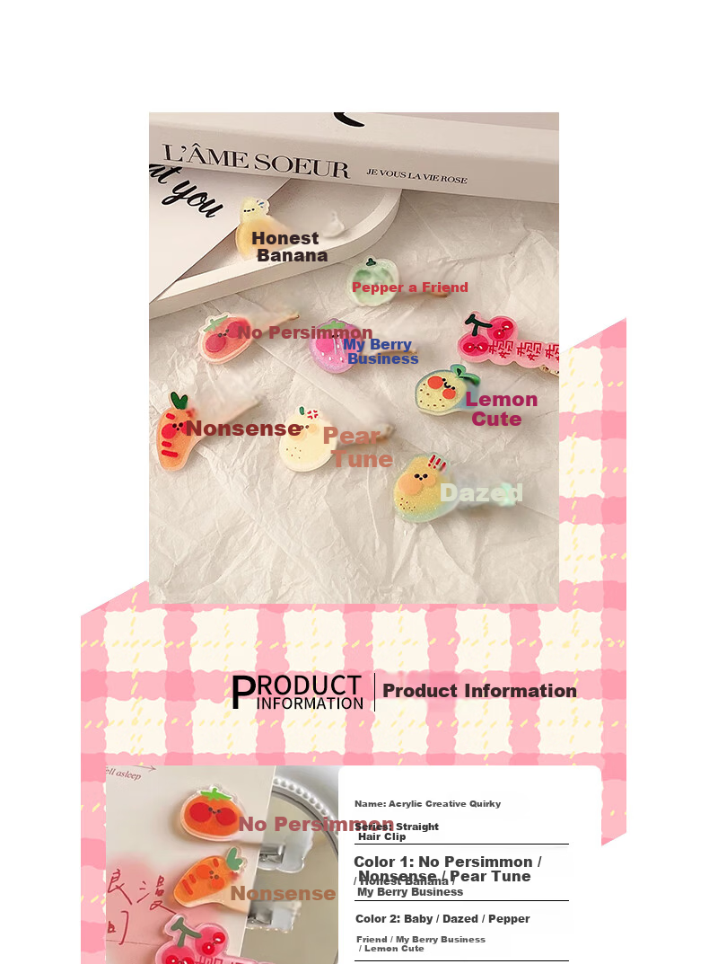 Jiaoxuefei Acrylic Creative Funny Hairpin Set of 5 Women Side Bang Clip Forehead Bobby Pin Hair Accessories 1