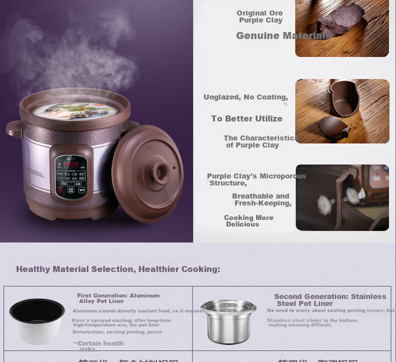 SANYUAN Electric Slow Cooker Clay Pot Soup Pot Large Capacity Fully Automatic 8L Electric Stew Pot Timer Reservation Purple Clay Soup Pot Household Porridge Cooker Health Pot Electric Clay Pot XYDTG80 11