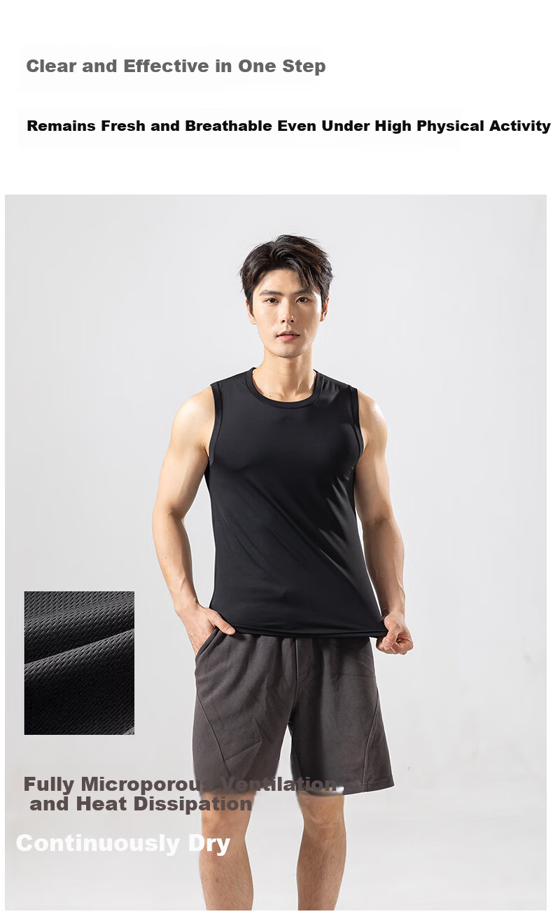 Xunmianren Men's Sleeveless Sports T-Shirt Wide Shoulder Base Layer Vest Summer Sports Ice Silk Breathable Quick-Dry Vest 4