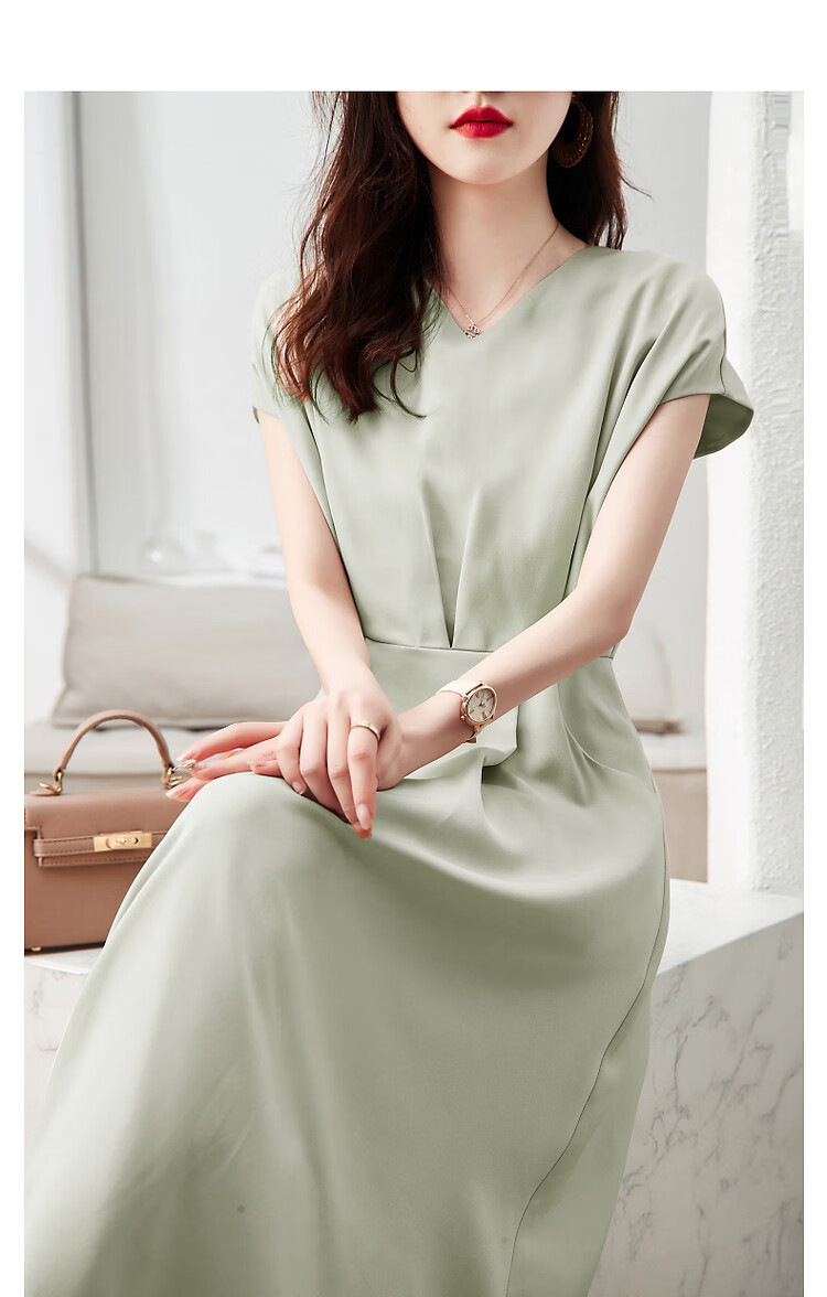 DME A-Line Skirt Summer Commuter V-Neck Short Sleeve Simple Mid-Length Dress for Women 12