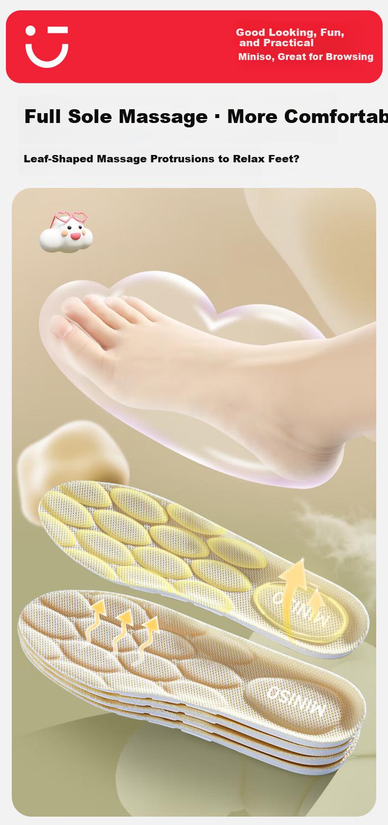 MINISO Cushioned Sports Insoles for Military Training, Breathable, Sweat-Absorbing, Odor-Resistant, Unisex, Winter Running, Size 41-42 5