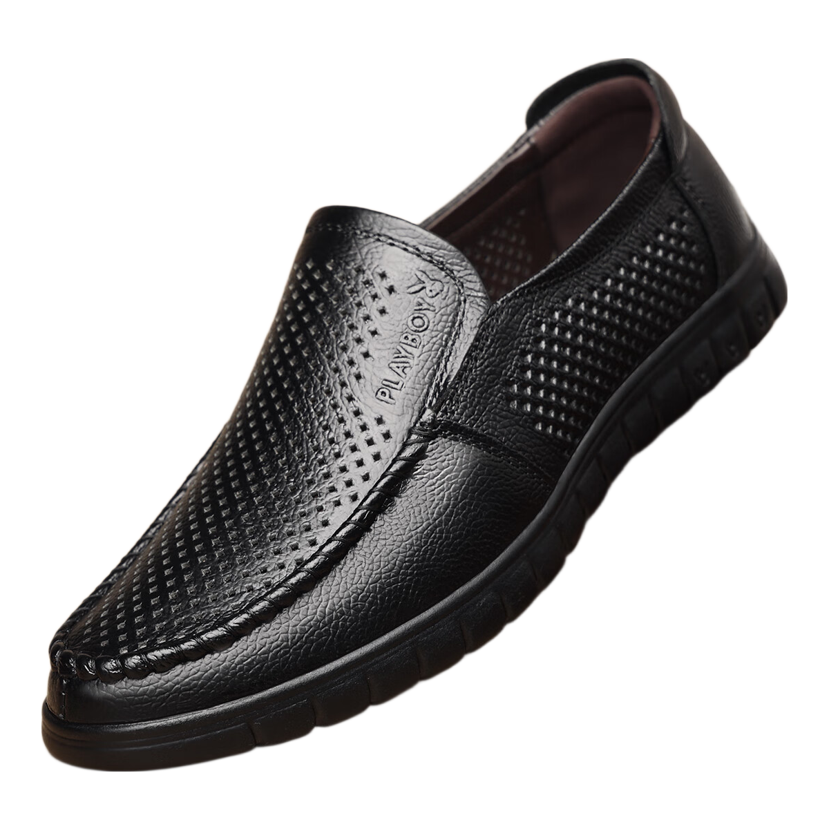 PLAYBOY Men's Shoes Summer Hollow Breathable Soft Leather Middle-Aged And Elderly Dad Shoes Slip-On Business Casual Leather Shoes Black Size 43