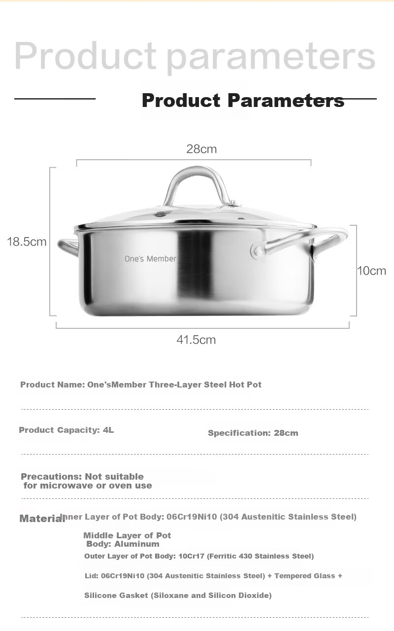 One's Member 28cm 3-Layer Thickened 304 Stainless Steel Hot Pot Deep Mutton Shabu Shabu Large Capacity Household Soup Pot 6