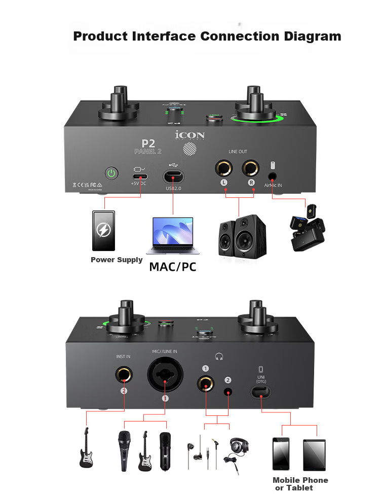 ICON Panel 2 Live Streaming Audio Interface P2 External Computer Sound Card Professional Host Singing KTV Recording Live Broadcast E-commerce Gaming Stage Performance Teaching Streaming Equipment 16