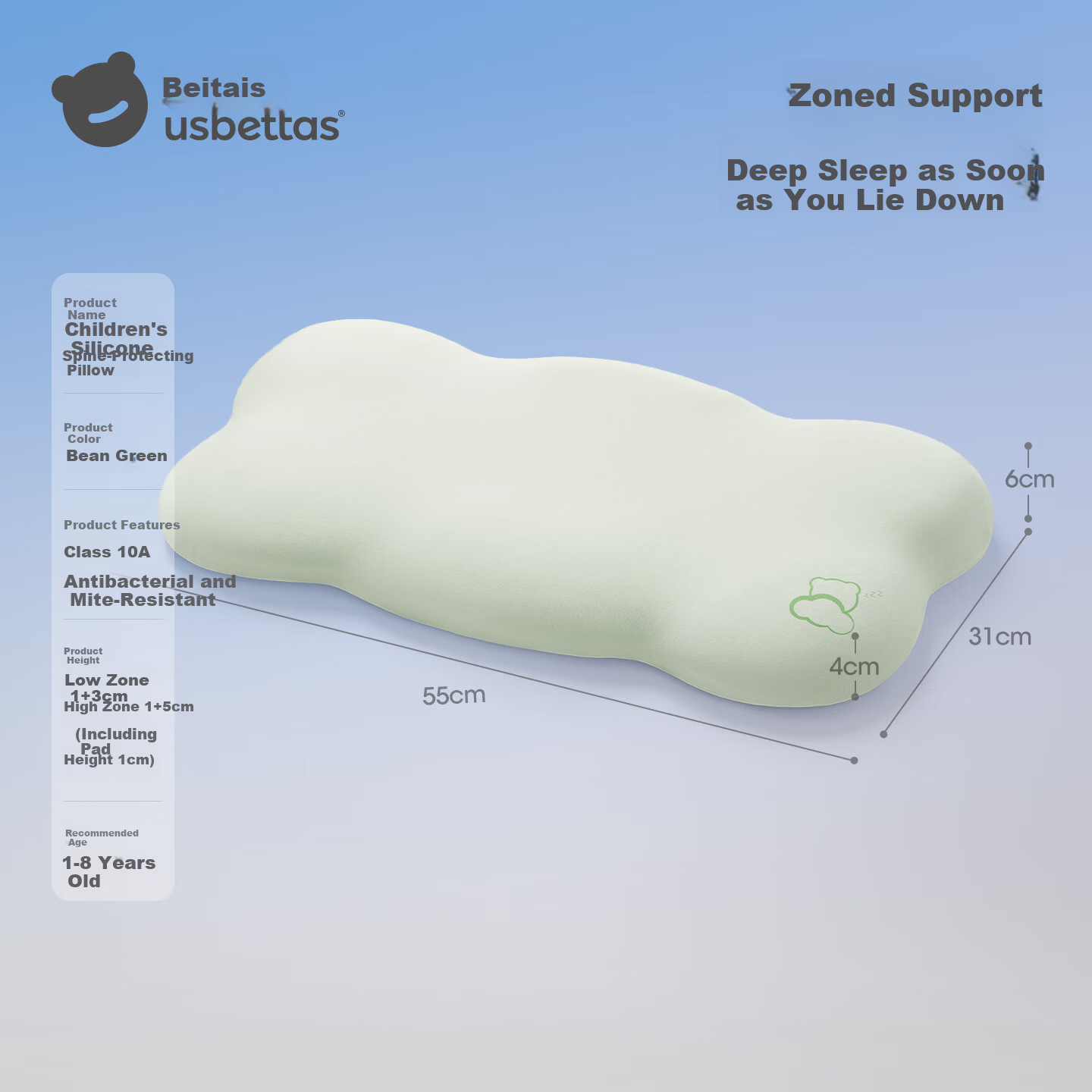 Betis Baby Pillow Silicone Breathable Zoned Spinal Protection Neck Support Adjustable Kids Pillow for Ages 1-8