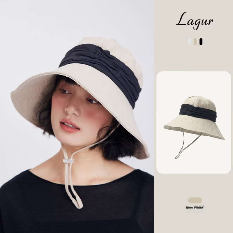 Lagur Breath Forest Natural Ramie Handmade Wide Brim Fisherman Hat Windproof Sun Protection Hat for Women Summer Off-White