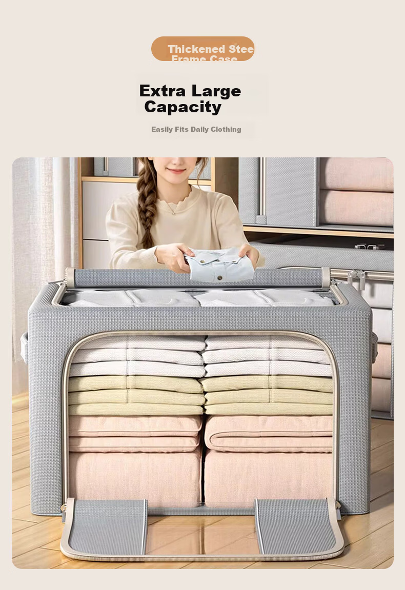 40,000 KM Clothes Storage Box Household Clothing Quilt Linen Multifunctional Fabric Storage Box with Window Wardrobe Steel Frame Organizer Box 1