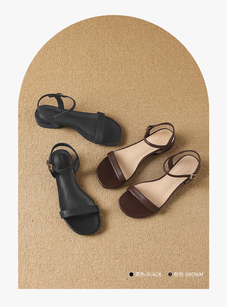 ZHR Women's Summer Sandals First Layer Lambskin One-Strap Flat Sandals French Retro Chunky Heel EH363 Black Size 36 3