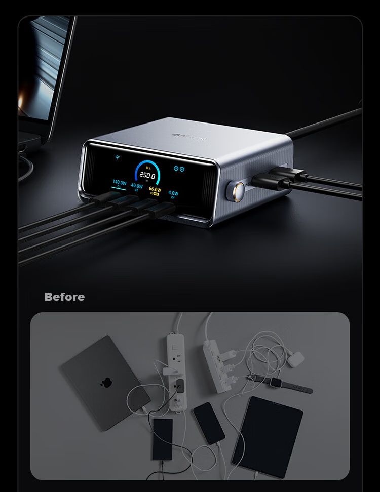 ANKER New Upgrade Desktop Charger Pro+ 250W Charging Station Prime GaN Charger Type-C Fast Charger for iPhone Apple Huawei Xiaomi Laptop 29