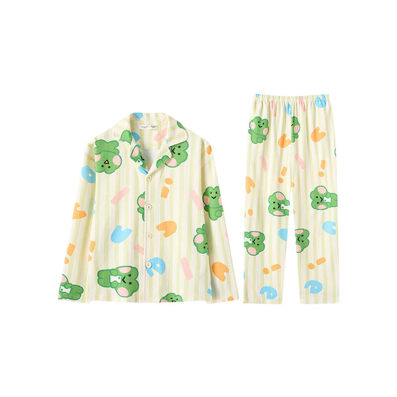 Fenteng Children's Pajamas, Boys' Brown Bear Design, Authentic Early Spring Pure Cotton Striped Sleepwear for Older Childre