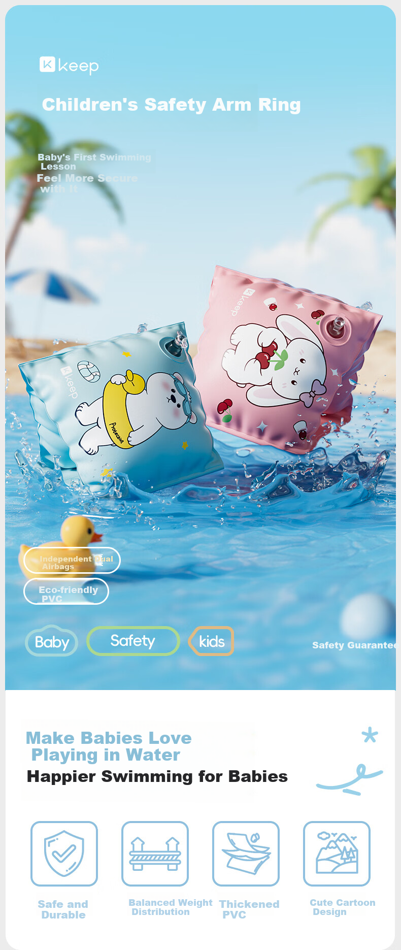 Keep Kids Swimming Arm Floaties Inflatable Arm Bands Baby Buoyancy Sleeves Pink Bunny 1