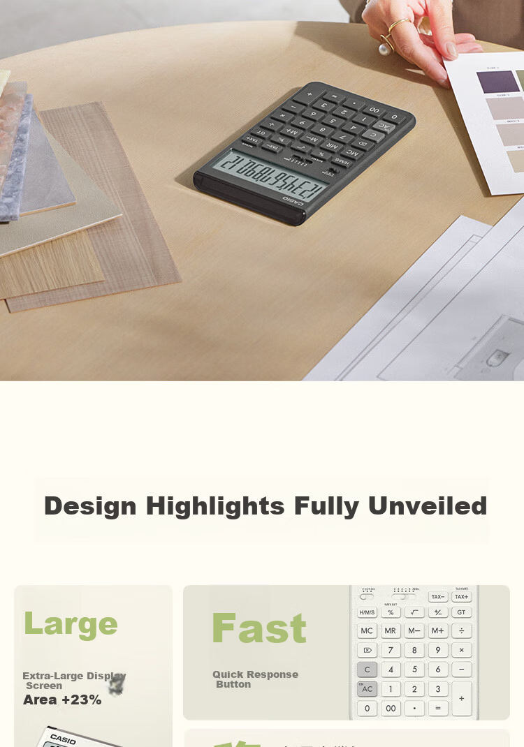 CASIO Innovative Calculator with Extra Large Display, Solar Panel, Eco-friendly Material, Desktop Office Financial Use, Black-Grey JT-200T 4