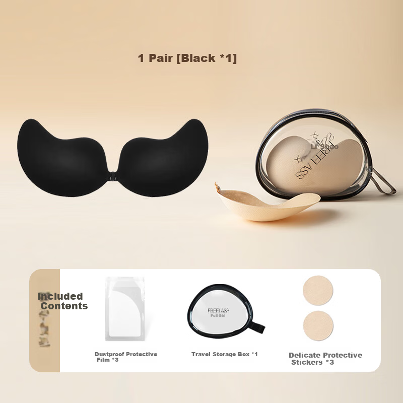 Fuli Girl Adhesive Bra Push-Up Invisible Seamless Breast Lift Enhancer for Small Bust Wedding Dress Use Black A-B
