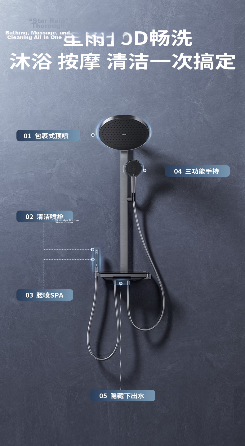 JOMOO Shower Faucet Set Piano Key Square Tube Curved Shower Head 36709-A66/HBS-1 11