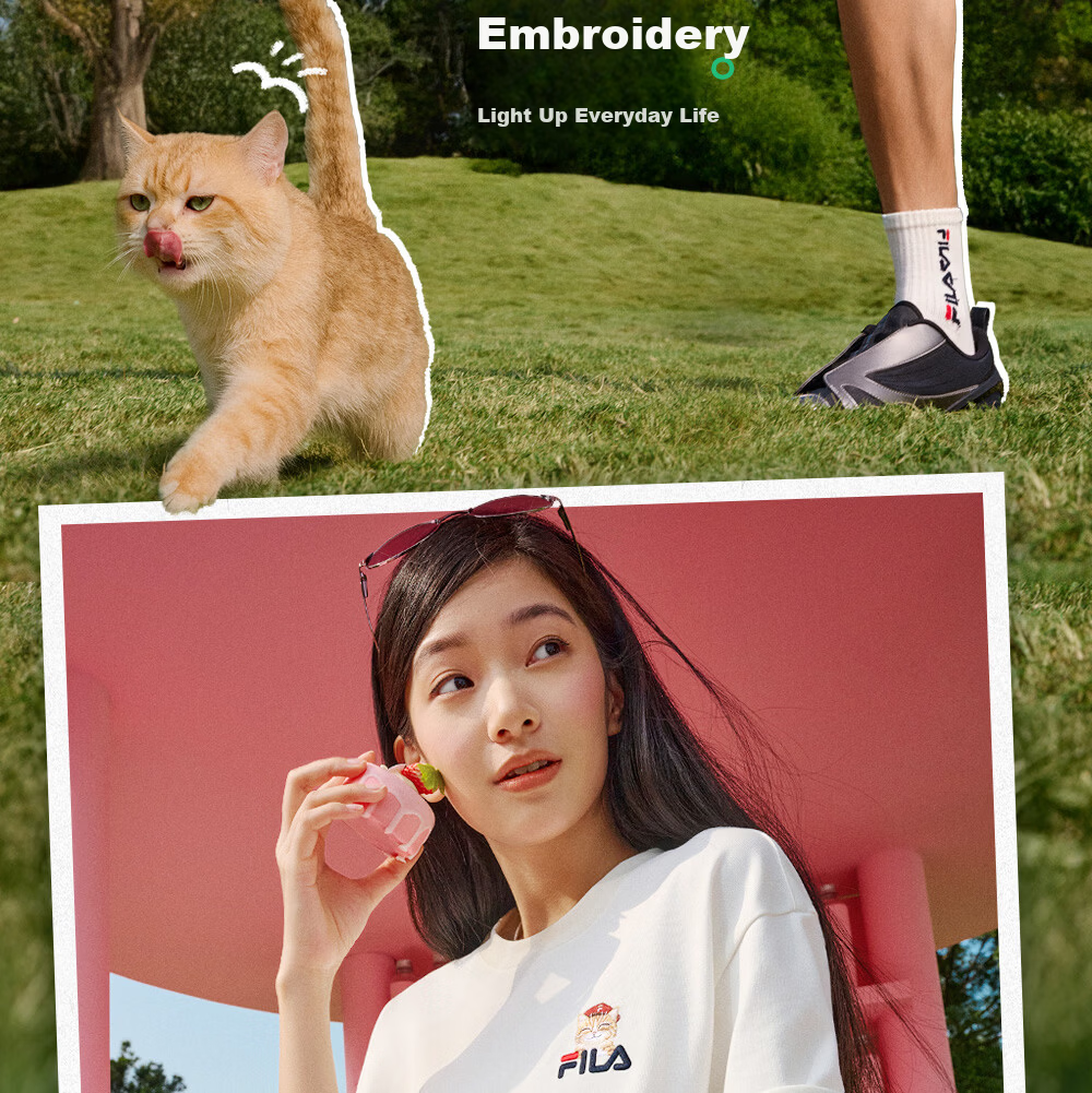 FILA Official 2026 Summer Couple Short Sleeve T-Shirt Casual Loose Fit Cotton Cat Knit Tee 6