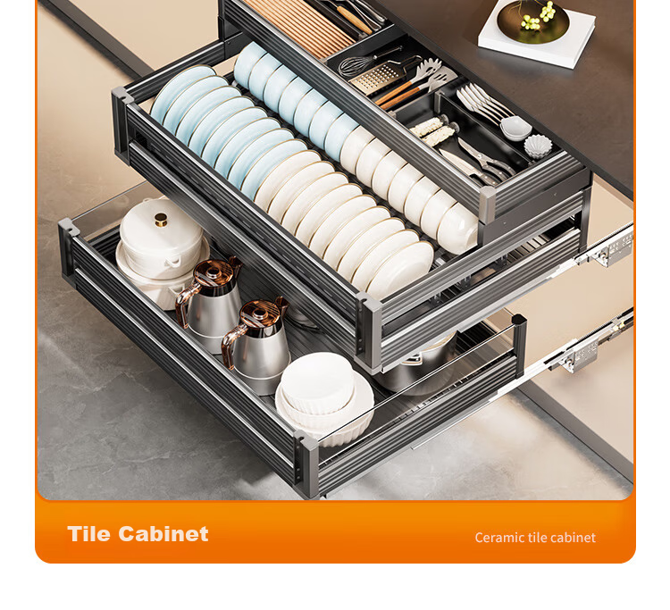 Kabe Three-Tier Kitchen Pull-Out Drawer Cabinet Space Aluminum Alloy Bowl Basket Built-in Dish Pot Chopsticks Storage Organizer 22