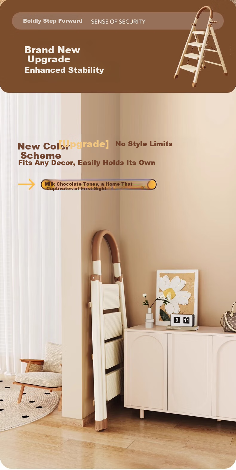 Yimo Household Folding Ladder Multifunctional Small Lightweight A-Frame Telescopic Indoor Four-Step Beige Climbing Ladder 1