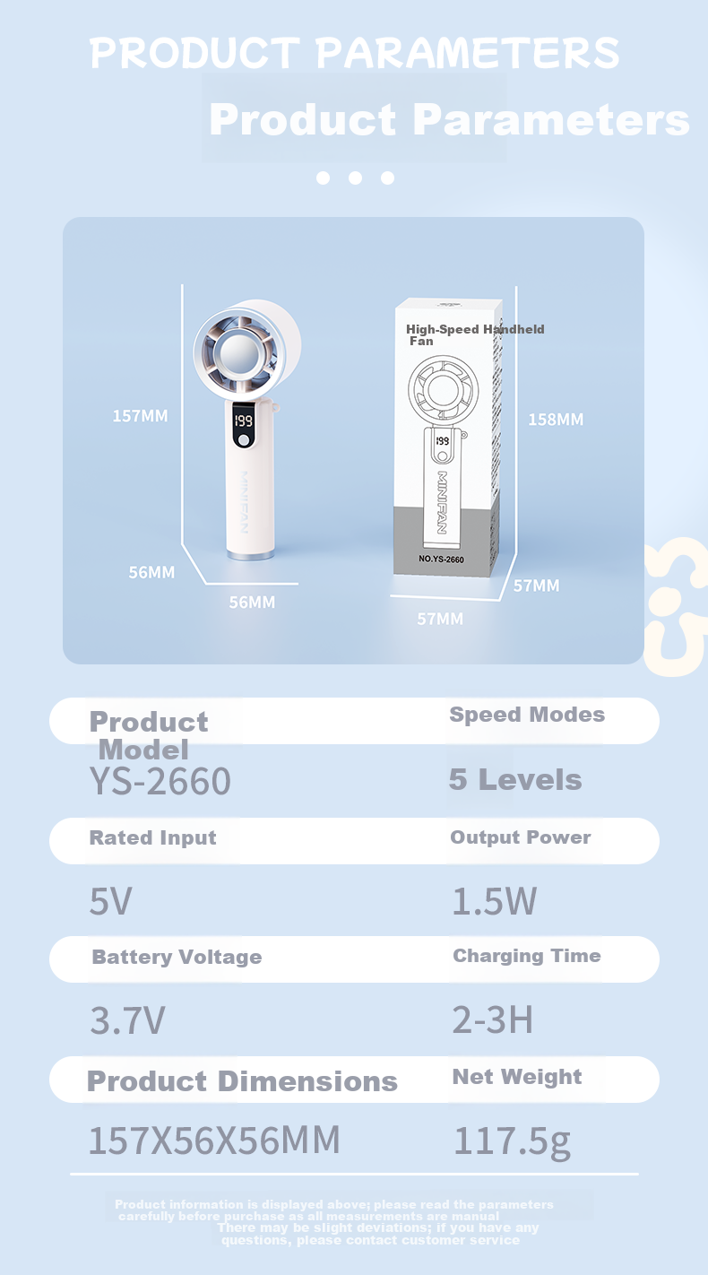 Siyi Cai Small Fan Desktop Bed Handheld USB Rechargeable Quiet Portable Mini Table Fan with Digital Display Dormitory Sky Blue 11