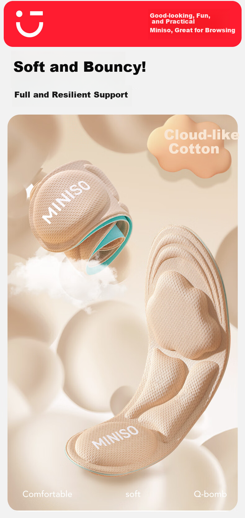 MINISO 6D Massage Arch Support Sports Insoles for Men and Women, Sweat-Absorbing, Breathable, Soft and Elastic, Size 44-46 5