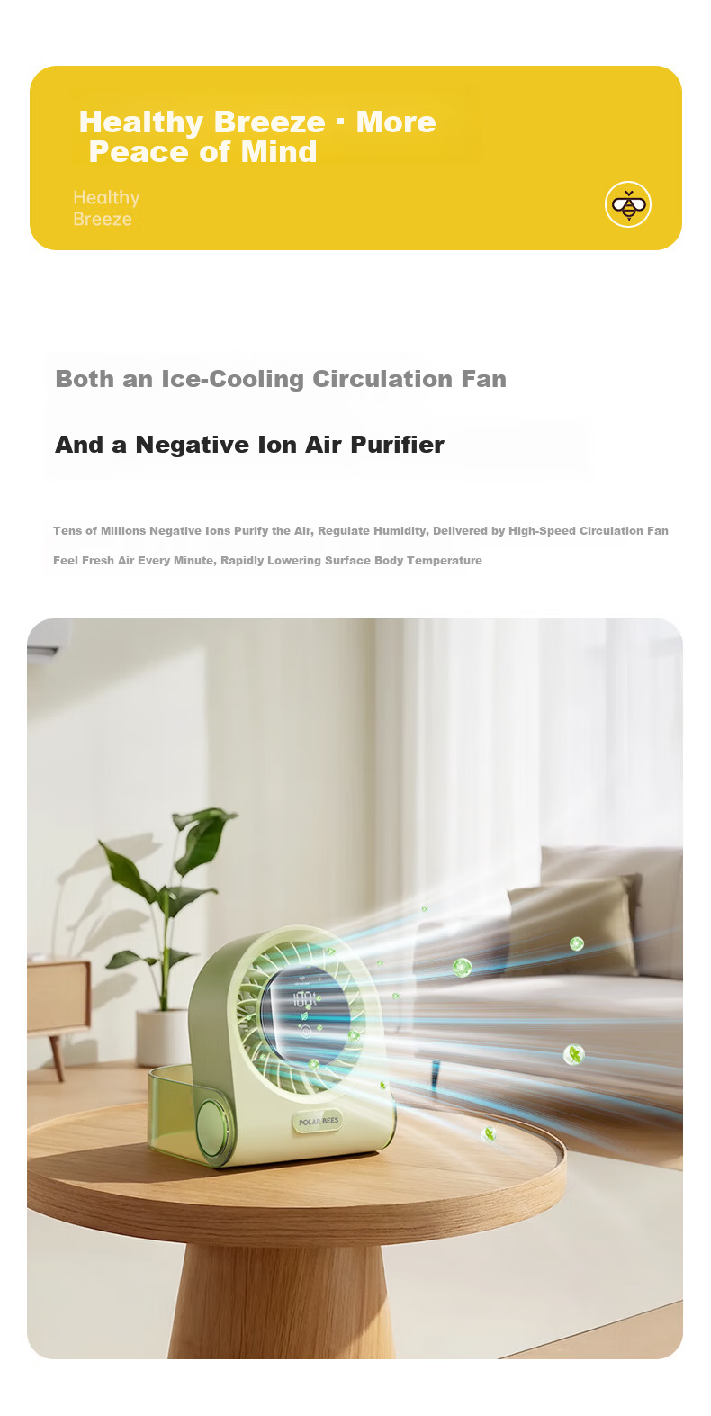 PolarBees Arctic Bee 100-Speed Hurricane Negative Ion Purification Desktop Portable Circulating Fan Silent Office Student Dorm USB Rechargeable Long Battery Life 6
