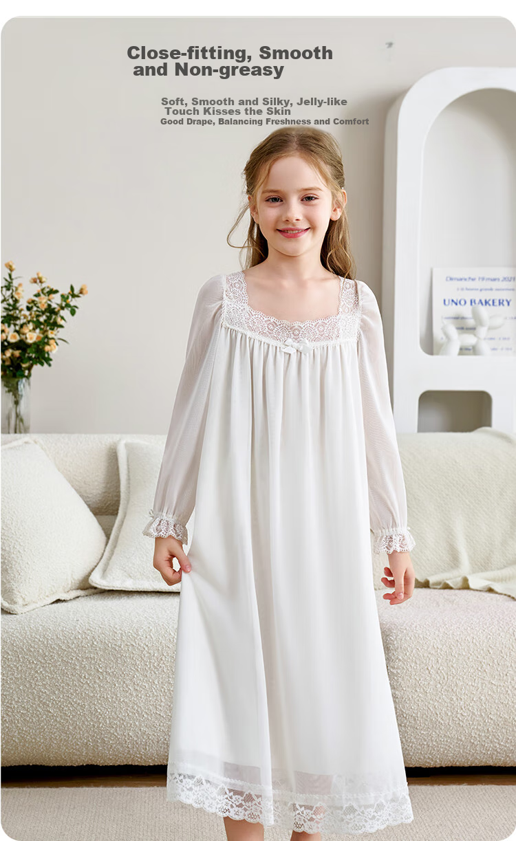 YEEHOO [50S Modal] Children's Nightgown, Soft And Comfortable Princess-Style Home Sleepwear for Girls, White, Size 120 2
