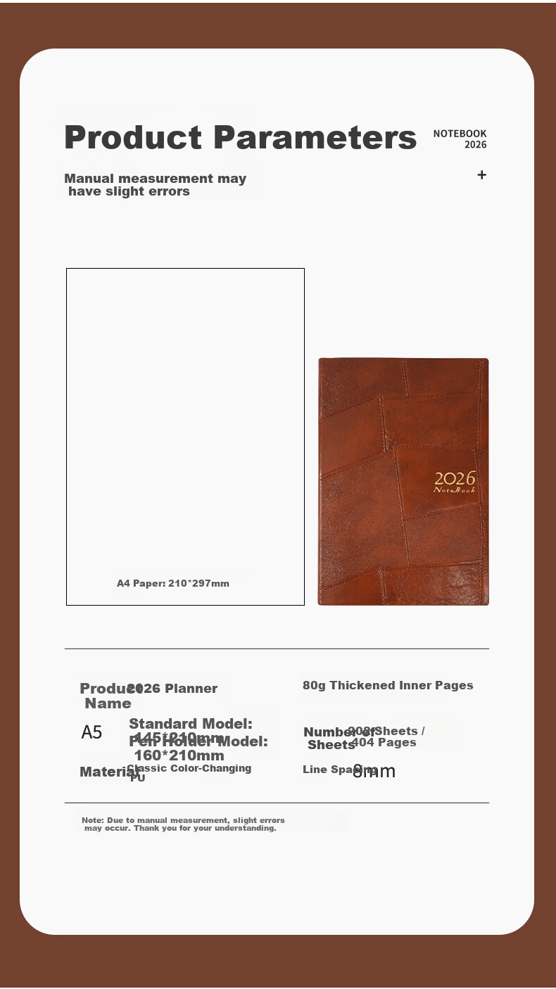 Wen'ao A5 Creative Thickened Vintage 365-Day Diary 2026 Planner Notebook School Season Schedule Punch Card Premium Business Office Journal Light Brown 2
