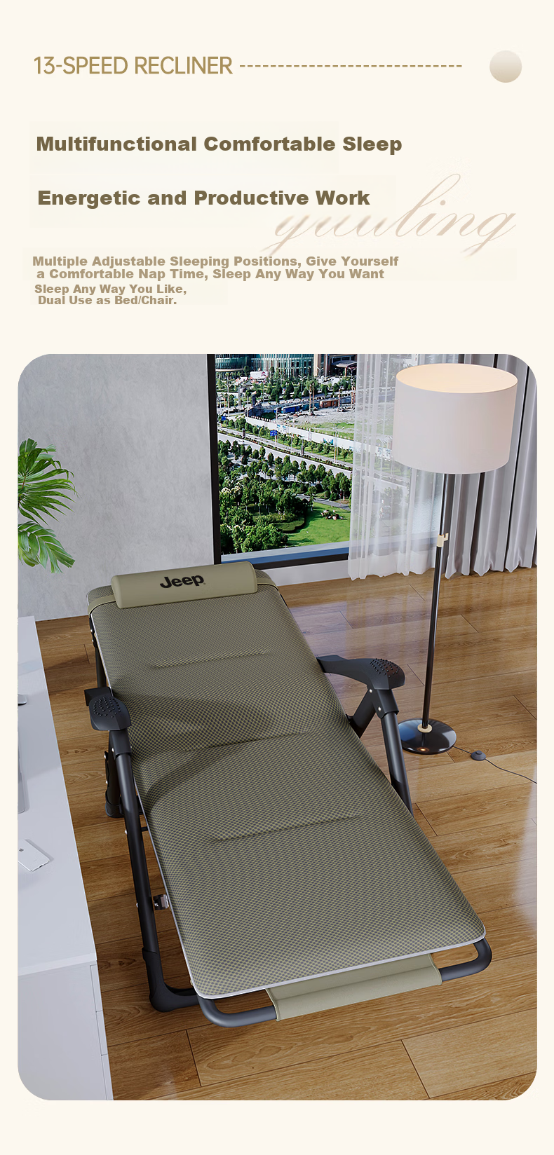 JEEP Folding Bed Recliner Office Nap Bed Single Nap Chair Care Bed Folding Chair Military Cot Thickened Cotton Pad 5