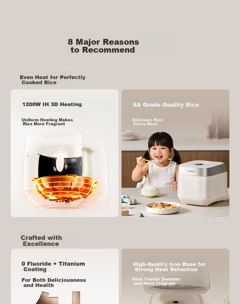 Joyoung 0 Fluoride Series Enamel Titanium IH Rice Cooker 4L 1200W Titanium Inner Pot 3-4 People Non-Teflon 6A Micro Pressure FF-PR1H02 (4L) 7