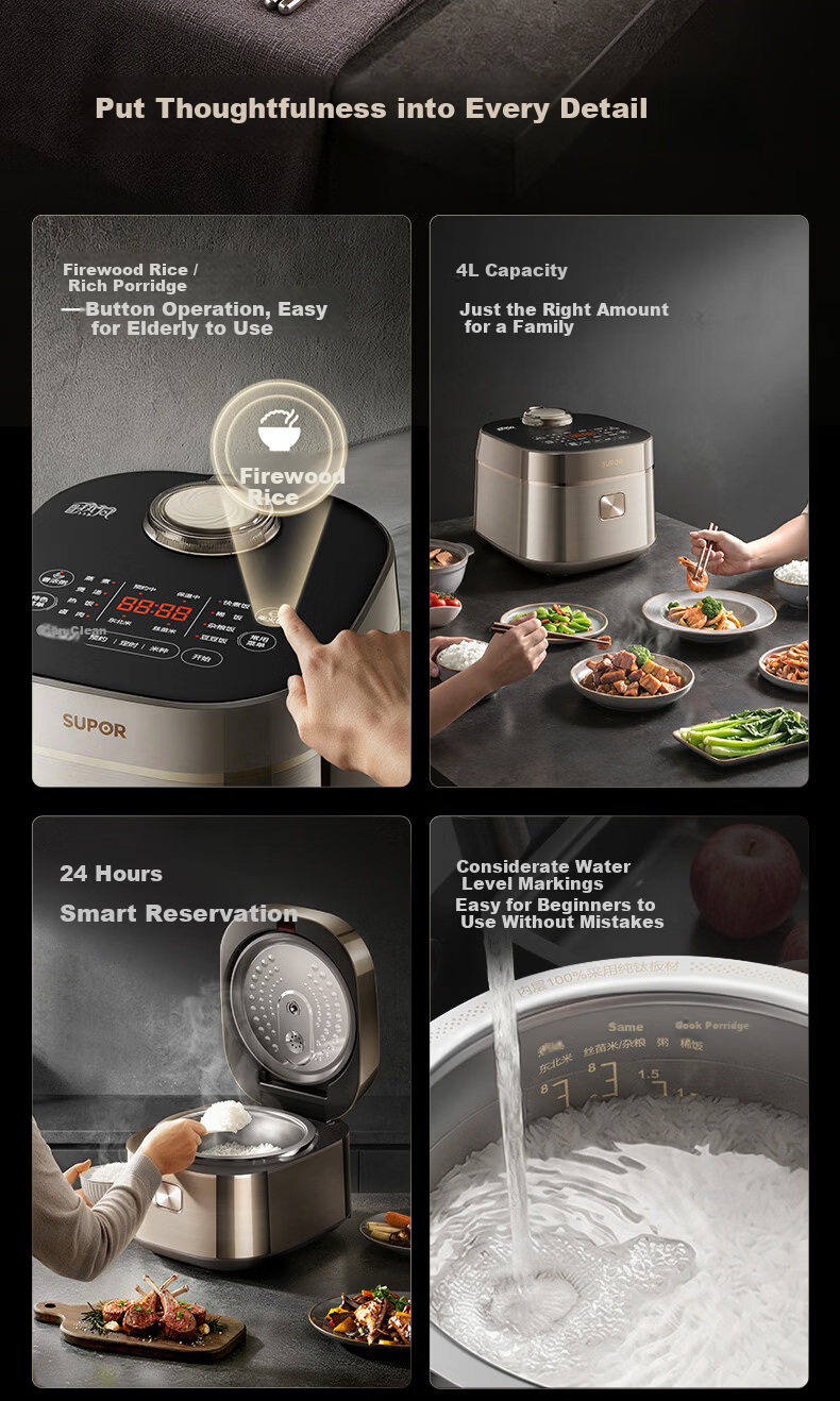 SUPOR Rice Cooker 1-8 People 4L IH Hot Air Integrated Pure Titanium Inner Pot Spherical Pot 0 Coating Non-Stick Low Sugar Household Smart Reservation Multifunction New Model F40Q97S 16