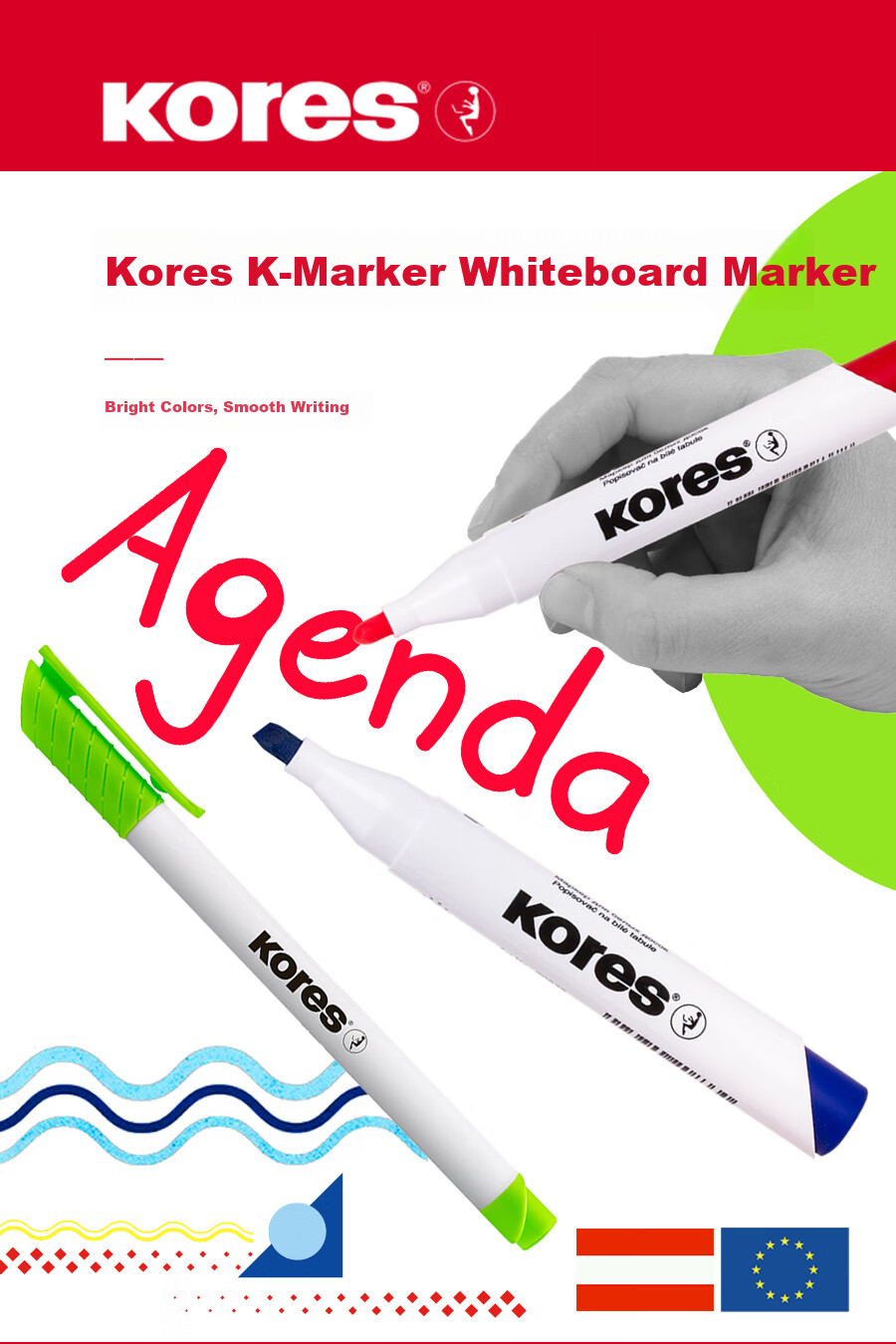 KORES European Imported Colossus Thick Erasable Colored Whiteboard Markers Large Capacity Red Blue Green Black Board Markers Writing Drawing Pens for Children and Teachers Non-Toxic Round Tip Black 4- 2