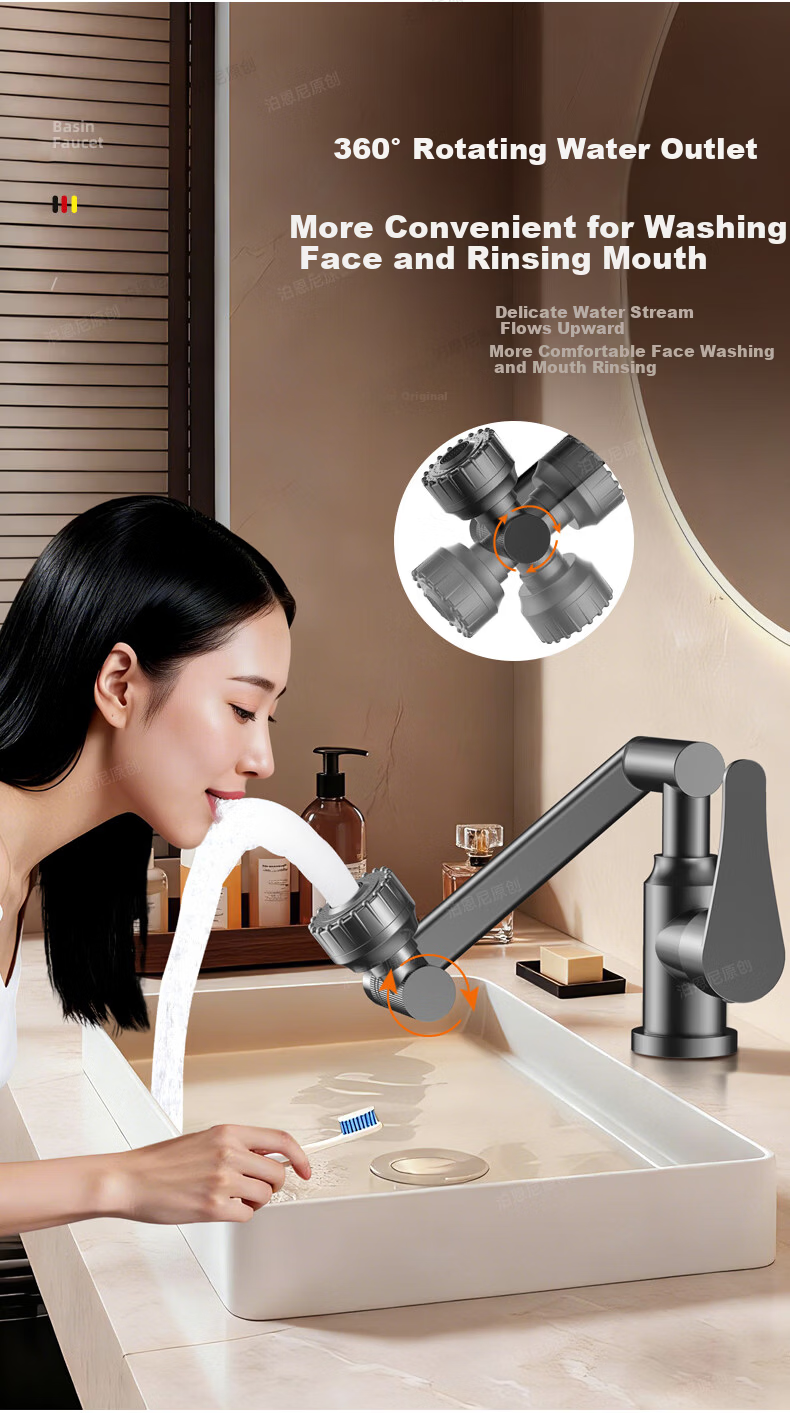 BOONEN Basin Faucet Mechanical Arm Lucky Cat Washbasin Bathroom Universal Rotatable Hot and Cold Mixer Tap 11