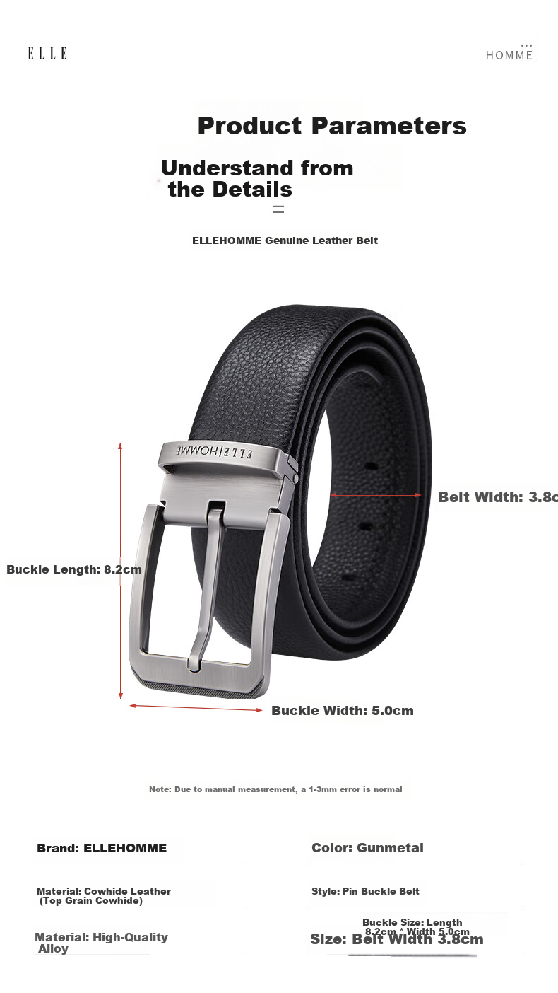 ELLE HOMME French Brand Men's Genuine Leather Belt First Layer Cowhide Pin Buckle Belt Gift Box Birthday Present for Boyfriend Husband 9