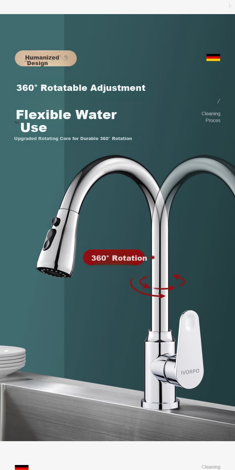 IVORPO [Germany] All-Copper Kitchen Pull-Out Faucet Hot and Cold Two-in-One Rotatable Sink Stretchable Swivel Faucet 6