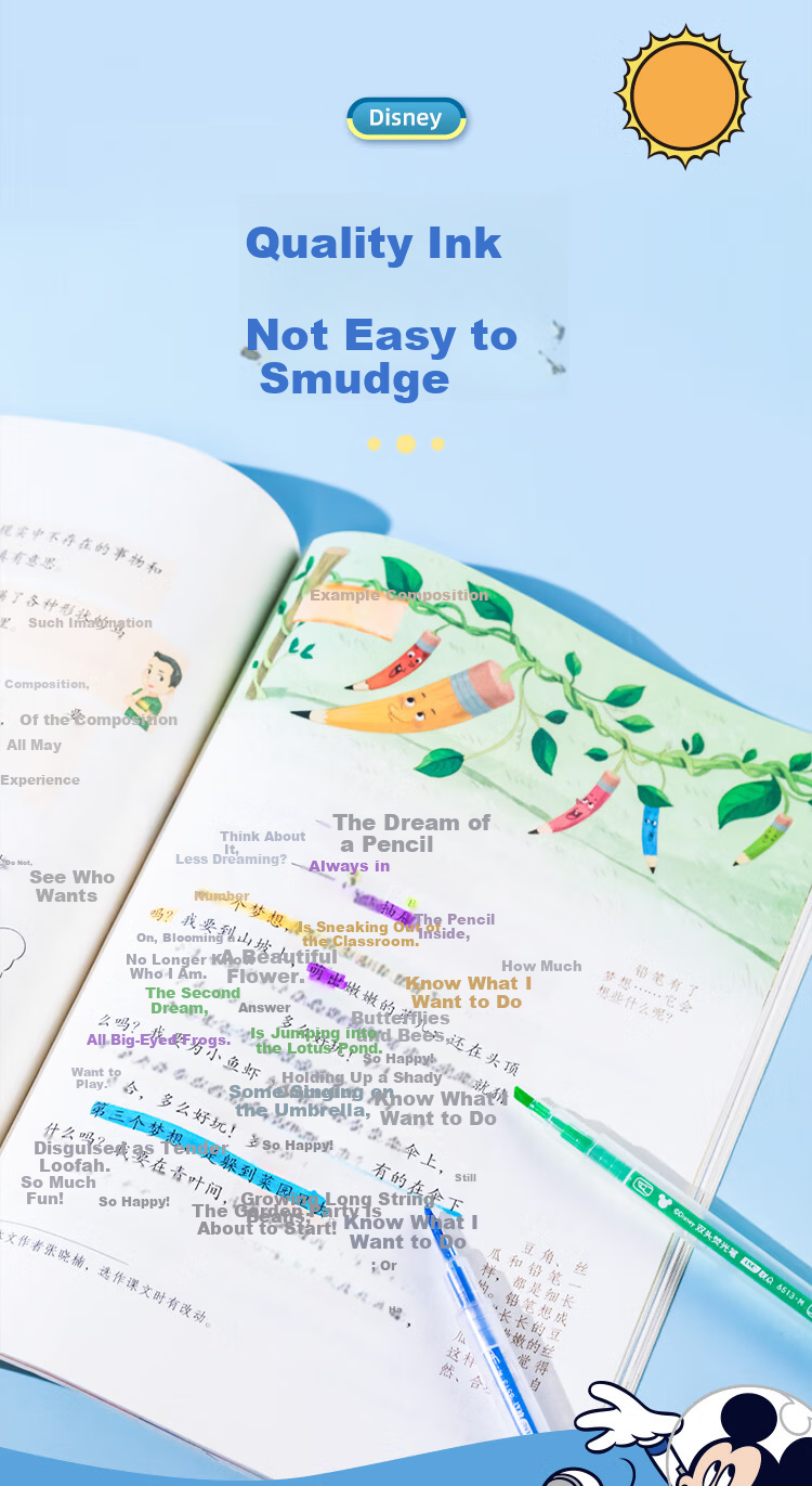 Disney Double-Ended Highlighter Pens 6 Colors Mickey Stationery for Elementary Students Exam Review Colorful Markers 4