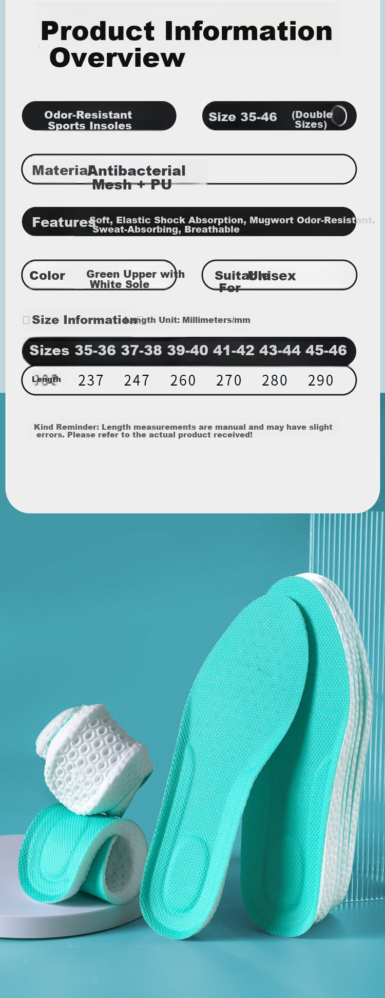 JVBV Sports Odor-Resistant Insoles for Men, Soft and Elastic, Thickened Shock Absorption, Comfortable for Long Standing, Sweat-Absorbing and Breathable, Military Training, Size 35-36 7