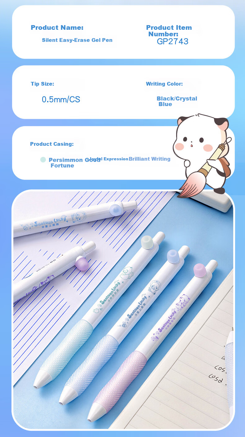 AIHAO Back-to-School Essential Triple Collaboration 0.5mm Retractable Erasable Pen for Elementary Students Practice Writing Smooth Erasable Gel Pen Crystal Blue 5-Pack GP2743 9