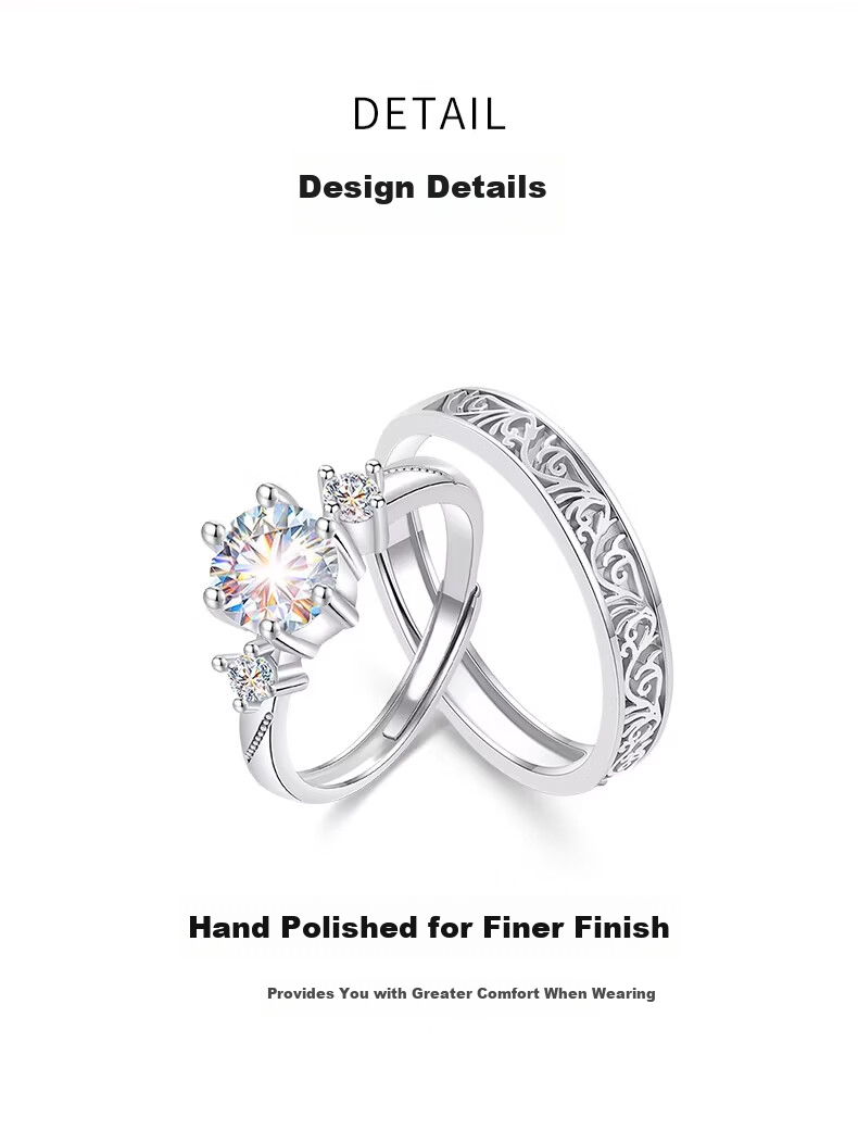 Kovni [Includes GRA Certificate] Sparkling Moissanite Couple Rings Adjustable Open Bands Birthday Valentine's Day Gift for Girlfriend 7