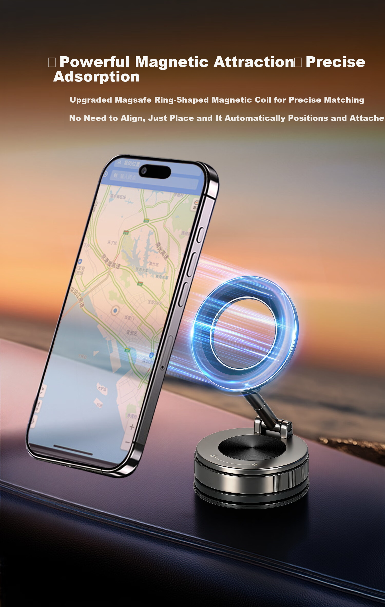 Feimaotui Car Phone Holder Suction Magnetic Mount 360° Rotatable Dual Ring Strong Adhesive Horizontal and Vertical Screen 2
