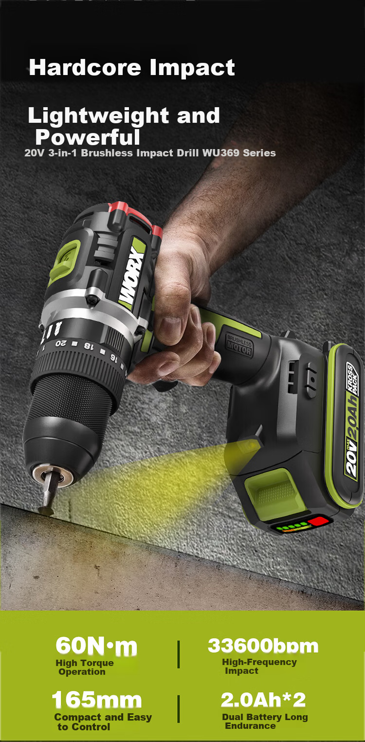 Worx 20V Brushless Impact Drill WU369.9 (Bare Tool) Cordless Lithium Battery Handheld Drill for Concrete Wall Drilling 2