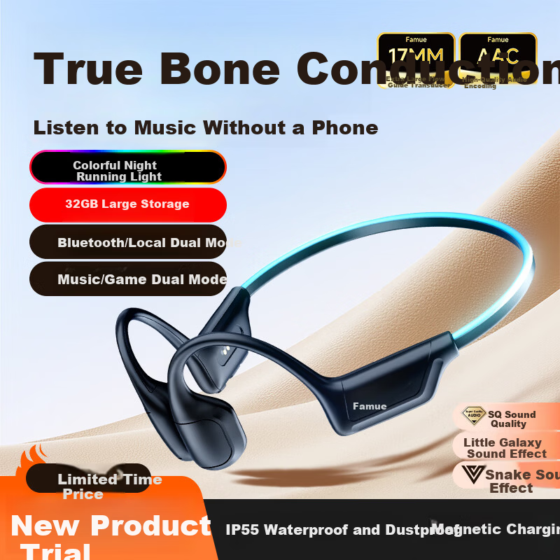 Fanmu Bone Conduction Bluetooth Sports Gaming Earphones IP55 Dustproof Waterproof 32GB Storage MP3 Open Wireless Non-In-Ear Running Cycling Marathon M5 Black