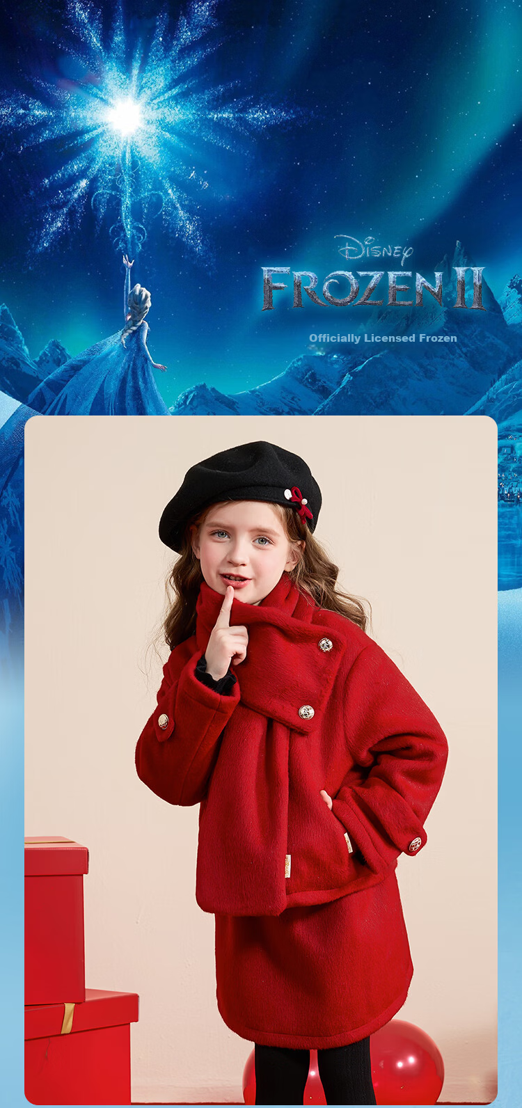 Disney Girls' Spring and Autumn 2026 New Stylish Winter Thick Woolen Coat and Skirt Two-Piece Set with Scarf 1