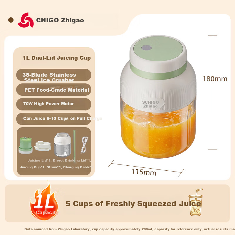 CHIGO Portable Juicer Cup Small Household Juicer Ice Crushing Wireless Charging Outdoor Juice Maker Birthday Gift ZG-ZZB02