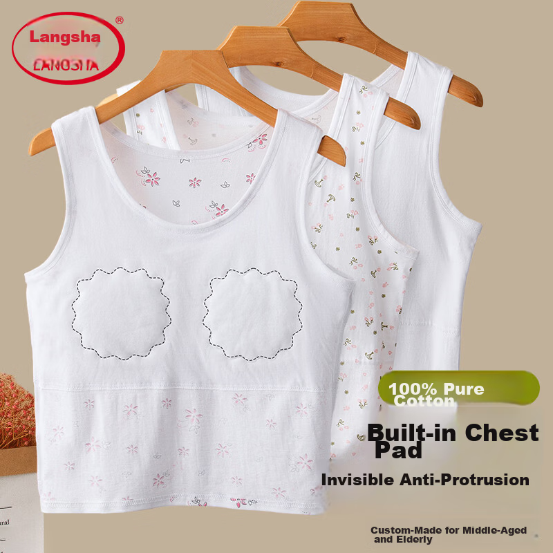 Langsha Elderly Women's Cotton Vest with Chest Pad, Plus Size Summer Thin Undershirt for Middle-aged and Senior Women