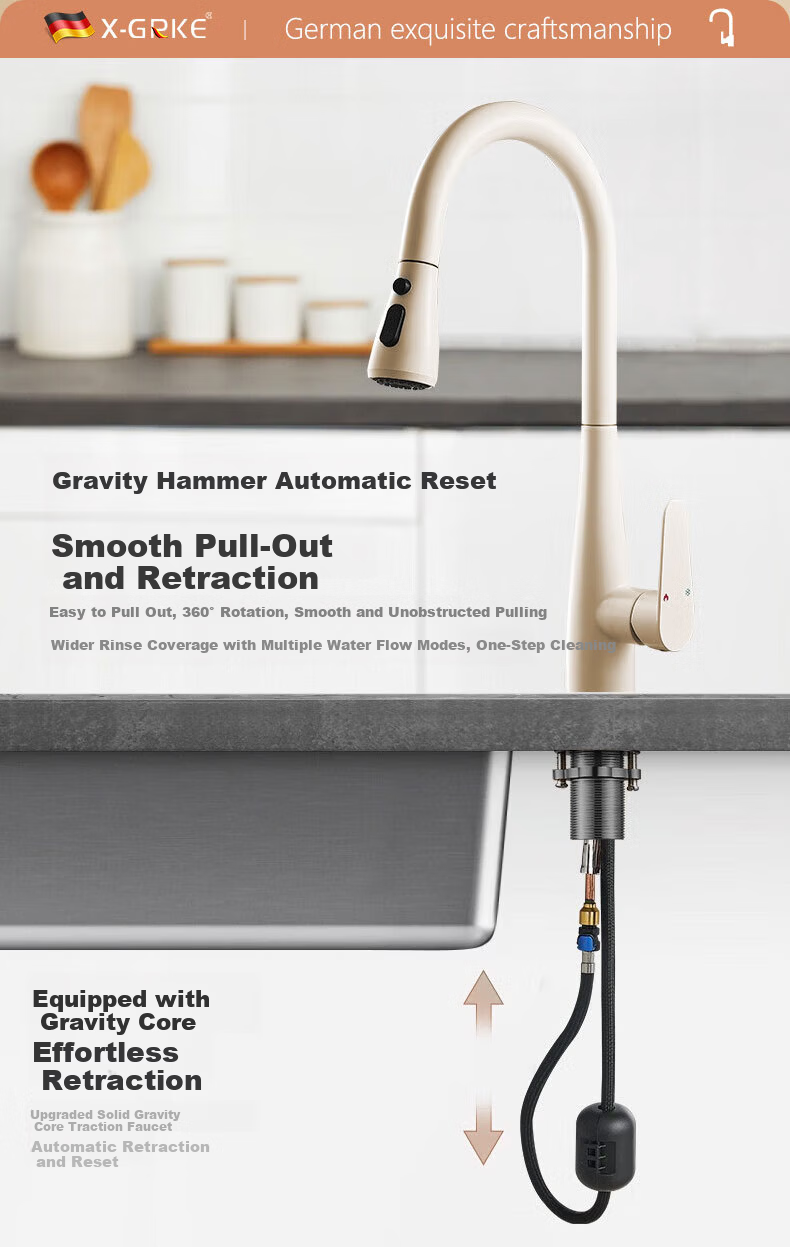 X-GRKE German Kitchen Faucet Hot and Cold Two-in-One Sink Faucet Three-Mode Pull-Out Kitchen Faucet 9